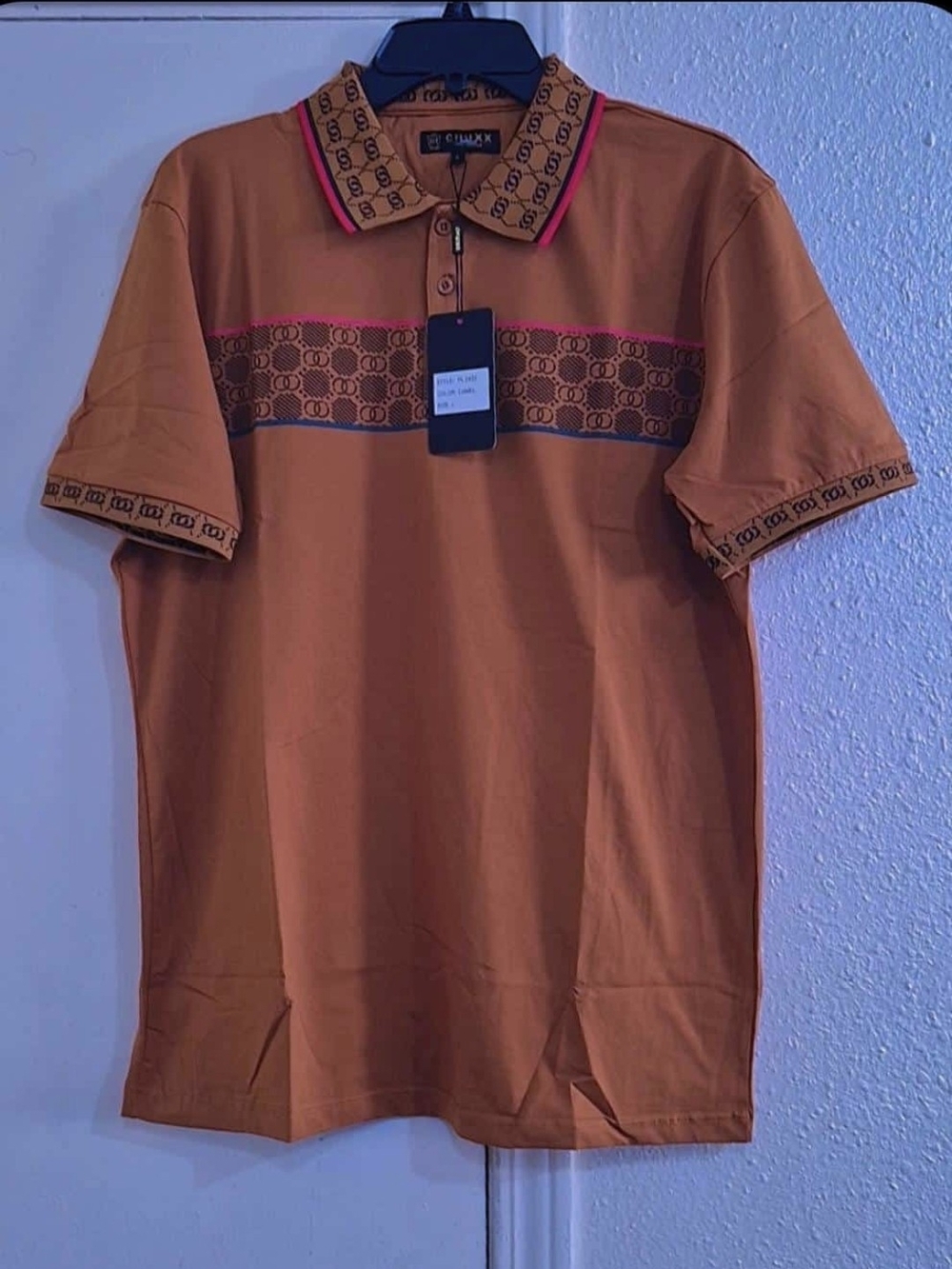 Men's Rust Polo with Patterned Trim by